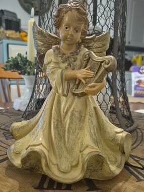 VINTAGE Gold Angel Figurine with Harp